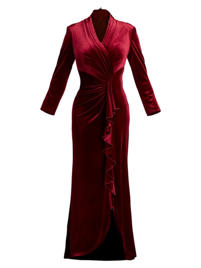 Shop Tadashi Shoji Women's Velvet Ruffle-front Gown In Pomegranate