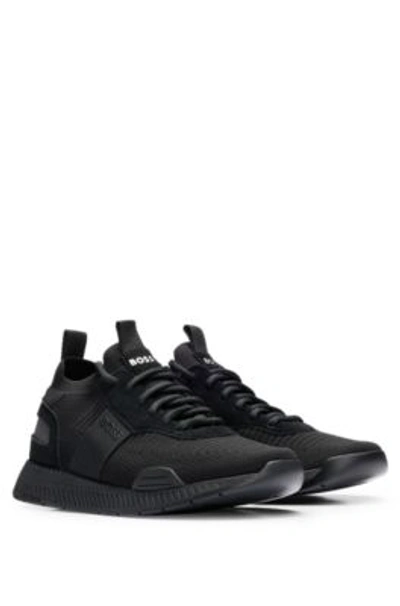 Shop Hugo Boss Titanium Trainers With Knitted Uppers And Suede Trims In Black