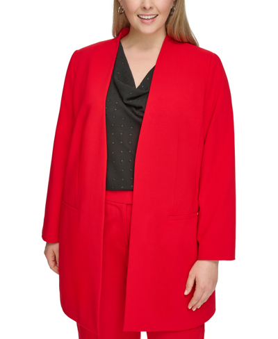 Shop Calvin Klein Plus Size Collarless Open-front Topper Jacket In Red
