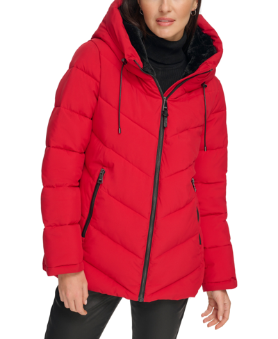 Shop Dkny Women's Hooded Puffer Coat In Ruby
