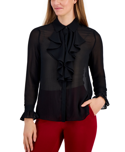 Shop Anne Klein Women's Long-sleeve Sheer Ruffle-trim Blouse In Anne Black
