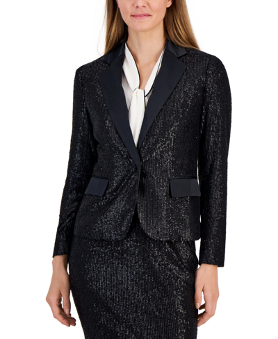 Shop Anne Klein Women's Sequin-covered One-button Jacket In Anne Black