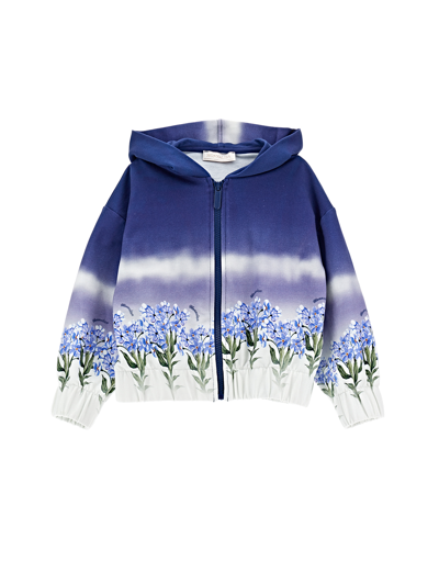 Monnalisa Printed Cotton Zip Hoodie In Blue + Cream