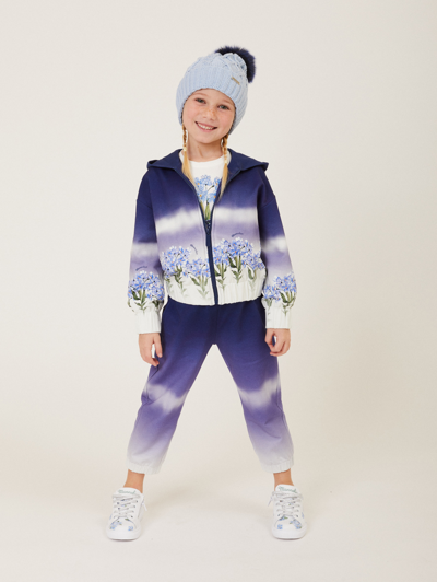 Monnalisa Printed Cotton Zip Hoodie In Blue + Cream