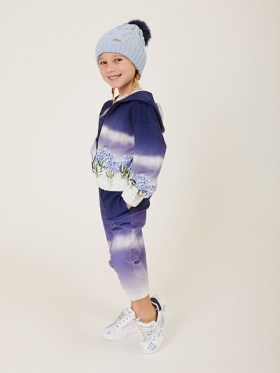 Monnalisa Printed Cotton Zip Hoodie In Blue + Cream