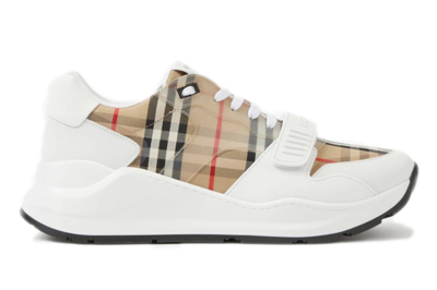 Pre-owned Burberry Check And Leather Sneaker White Clear Check In Beige/white/red