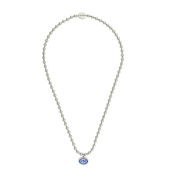 Shop Gucci Interlocking G Boule Chain Sterling Silver Blue Enamel Necklace - Ybb753438001 In Silver-tone
