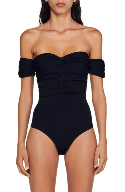 Shop Sandro Sagittaire Off The Shoulder Bodysuit In Black