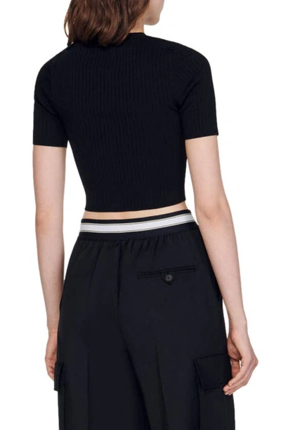 Shop Sandro Verseau Cutout Short Sleeve Crop Sweater In Black