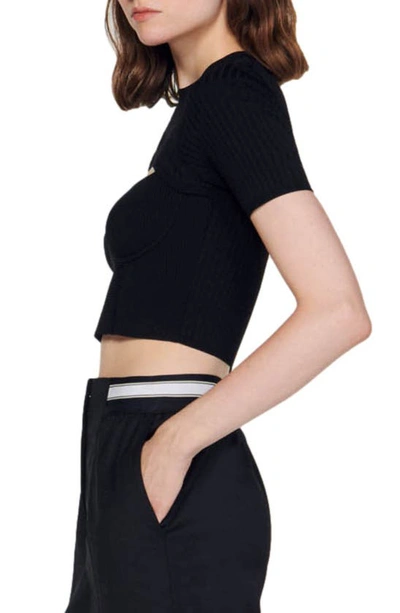 Shop Sandro Verseau Cutout Short Sleeve Crop Sweater In Black