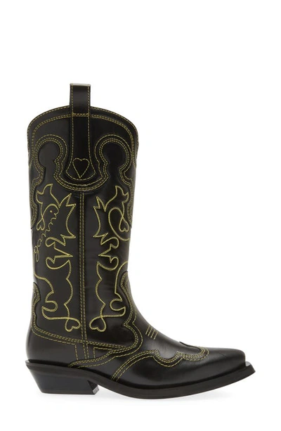 Shop Ganni Embroidered Western Boot In Black