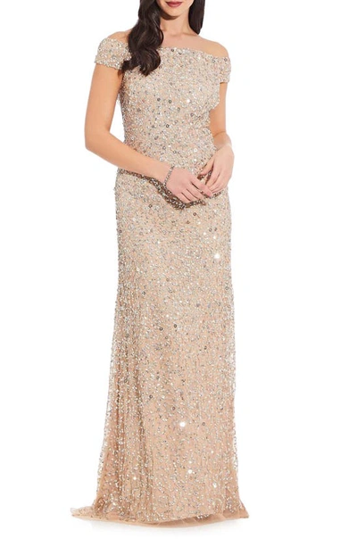 Shop Adrianna Papell Sequin Mesh Gown In Champagne