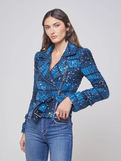 Shop L Agence Billie Belted Sequin Jacket In Cobalt Multi Tweed