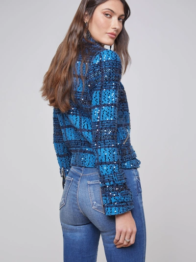 Shop L Agence Billie Belted Sequin Jacket In Cobalt Multi Tweed