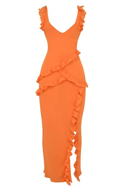 House Of Cb Pixie Ruffle Georgette Body-con Cocktail Dress In Flame Orange