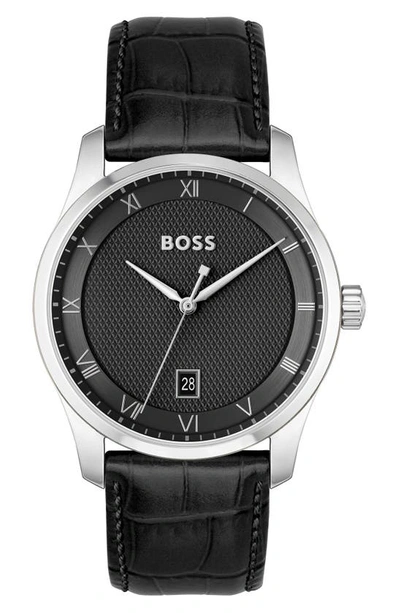Hugo Boss Men Principle Quartz Basic Calendar Black Leather Watch 41mm In Black