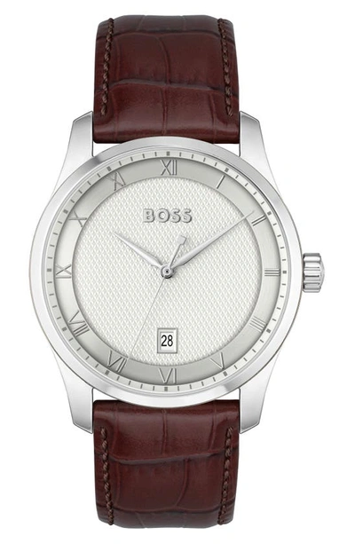 Shop Hugo Boss Principle Leather Strap Watch, 45mm In Silver
