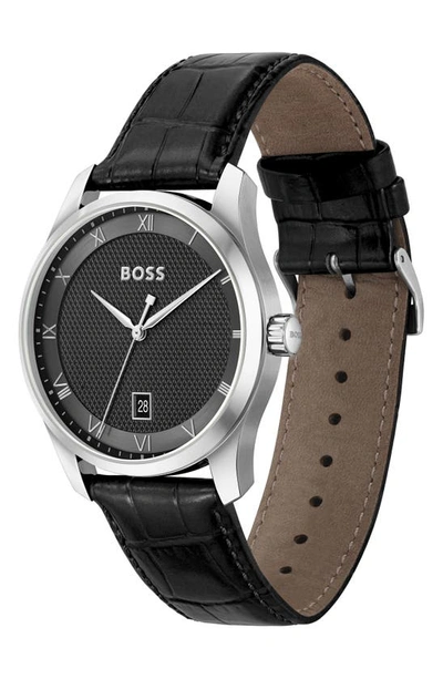 Shop Hugo Boss Principle Leather Strap Watch, 44mm In Black