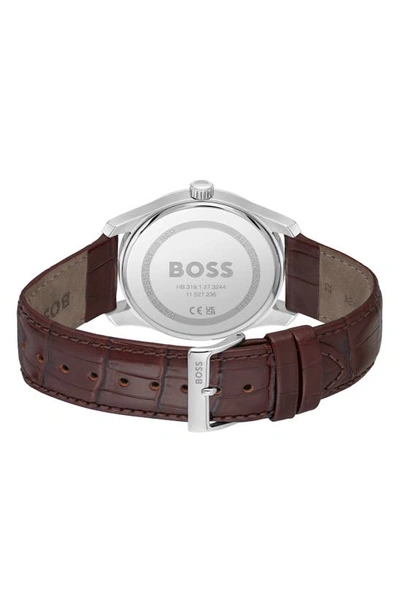 Hugo Boss Men Principle Quartz Basic Calendar Brown Leather Watch 41mm In Silver