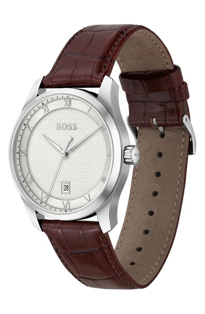 Hugo Boss Men Principle Quartz Basic Calendar Brown Leather Watch 41mm In Silver