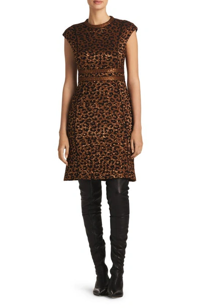 Shop St John Sequin Leopard Jacquard Cap Sleeve Dress In Caramel/ Copper Multi