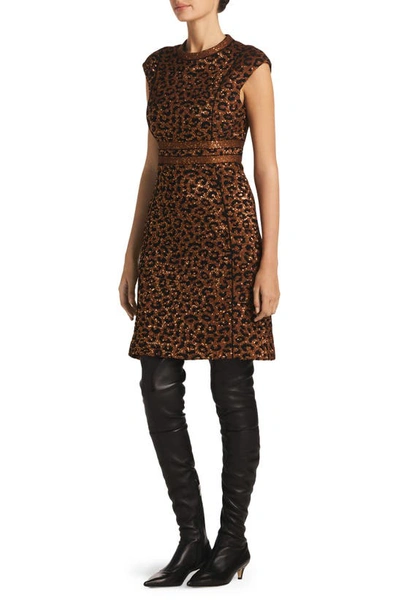 St John Leopard Sequin Knit Cap-sleeve A-line Dress In Caramel/ Copper Multi