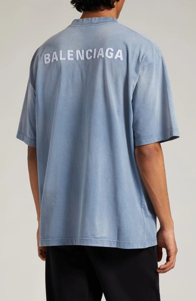 Shop Balenciaga Gender Inclusive Medium Fit Embroidered Logo T-shirt In Faded Blue/ White