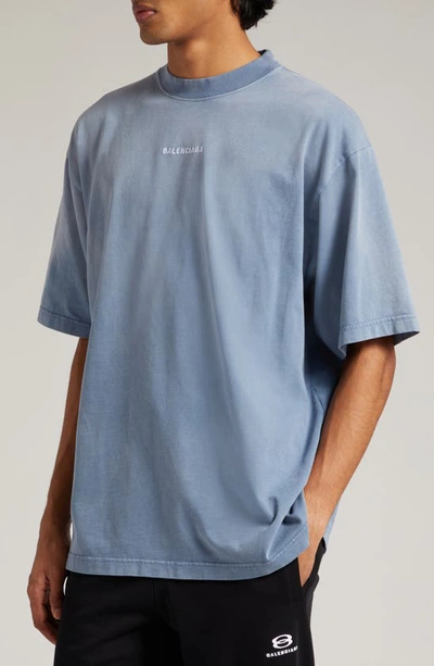 Shop Balenciaga Gender Inclusive Medium Fit Embroidered Logo T-shirt In Faded Blue/ White