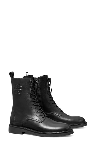 Shop Tory Burch Embossed Logo Lace-up Combat Boot In Perfect Black