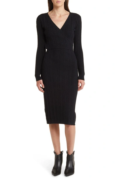 Shop Charles Henry Cable Stitch Long Sleeve Sweater Dress In Black