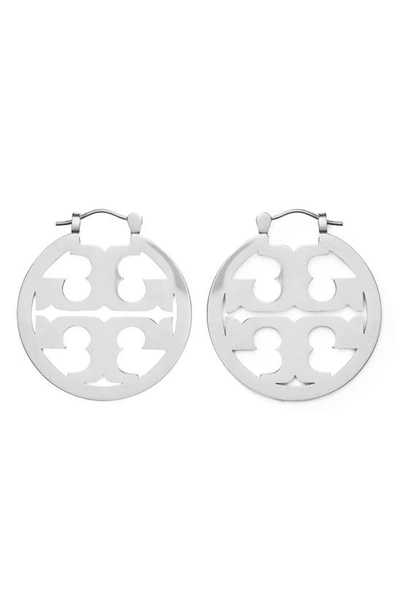 Shop Tory Burch Small Miller Logo Hoop Earrings In Tory Silver