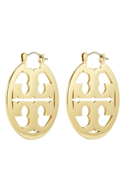 Shop Tory Burch Small Miller Logo Hoop Earrings In Tory Gold