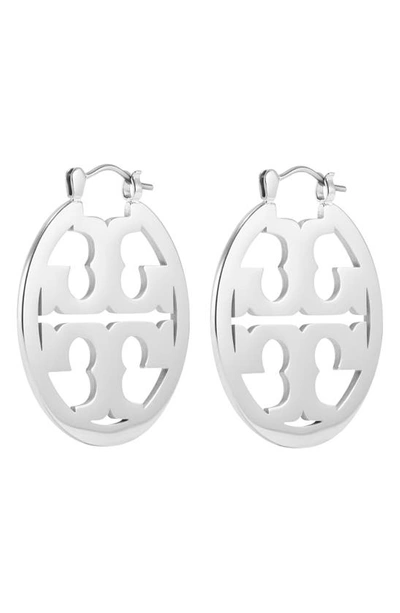 Shop Tory Burch Small Miller Logo Hoop Earrings In Tory Silver