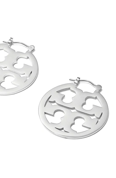 Shop Tory Burch Small Miller Logo Hoop Earrings In Tory Silver