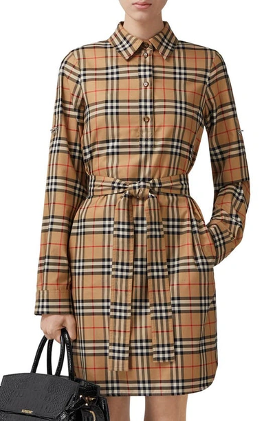 Shop Burberry Kari Archive Check Long Sleeve Cotton Shirtdress In Archive Beige Ip Chk
