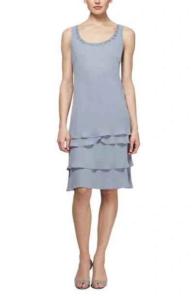 Sl Fashions Beaded Accent Jacket & Tiered Dress 2-piece Set In Concrete