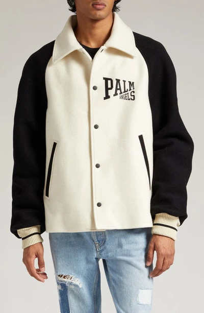 Shop Palm Angels Wool Varsity Jacket In Butter Black