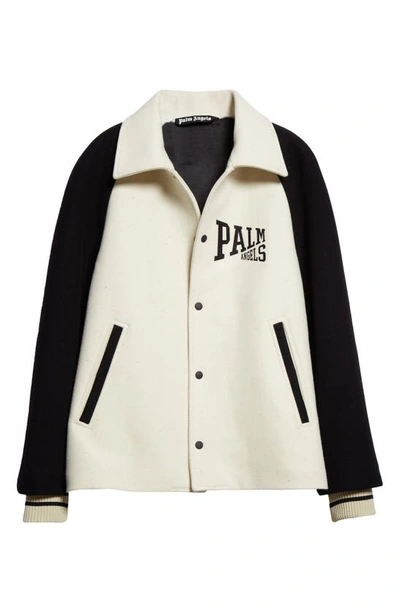 Shop Palm Angels Wool Varsity Jacket In Butter Black