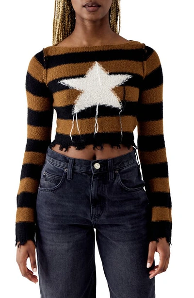 Shop Bdg Urban Outfitters Stripe Star Intarsia Crop Sweater In Brown