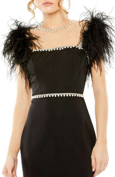 Shop Mac Duggal Feather Cap Sleeve Embellished Sheath Cocktail Dress In Black
