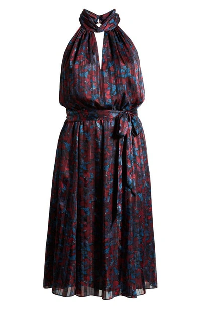 Anne Klein Floral Twist Neck Keyhole Midi Dress In Titian Red / Juniper Multi