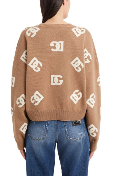Shop Dolce & Gabbana Dg Logo Virgin Wool Crop Sweater In Beige Inlay