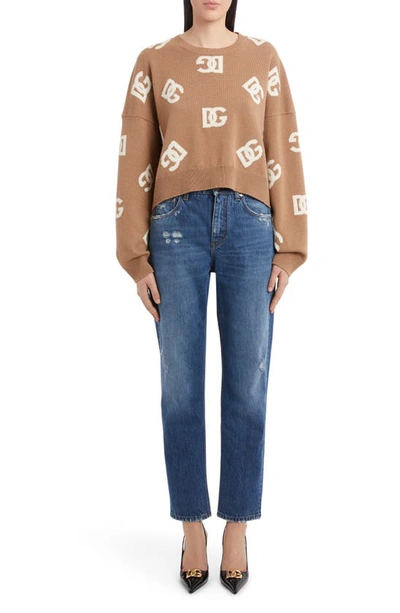 Shop Dolce & Gabbana Dg Logo Virgin Wool Crop Sweater In Beige Inlay