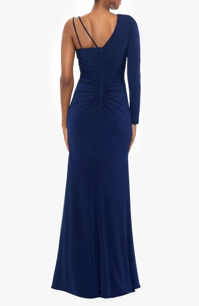 Shop Xscape Evenings One-shoulder Long Sleeve Cinched Gown In Navy