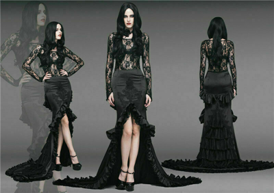 Pre-owned Eva Lady Women's Gothic Asymmetric Hem Frilled Skirt Big Swing Party Prom Skirts In Black