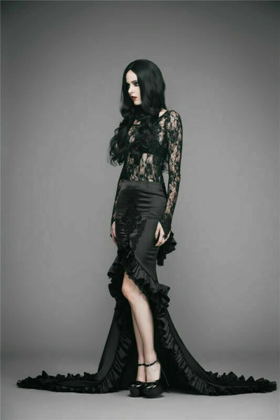 Pre-owned Eva Lady Women's Gothic Asymmetric Hem Frilled Skirt Big Swing Party Prom Skirts In Black