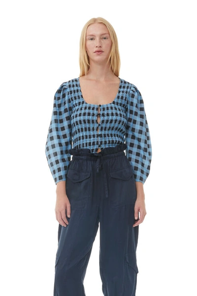 Ganni Checkered Cotton Silk Blouse In Alaskan Blue