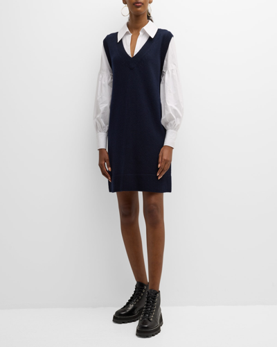Shop Cinq À Sept Teresita Cashmere Knit & Cotton Poplin Combo Mini Dress In Navywhite