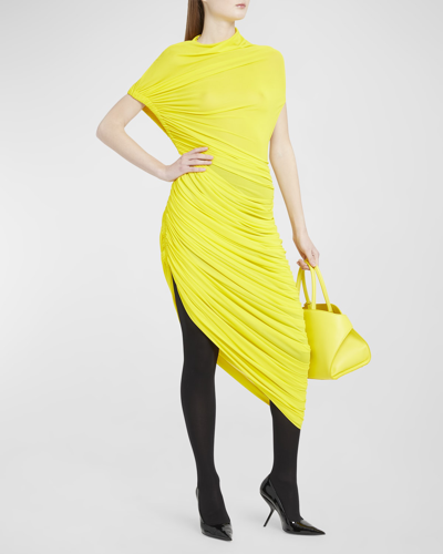 Shop Ferragamo Ruched Short-sleeve Sheer Jersey Ruched Midi Dress In Yellow