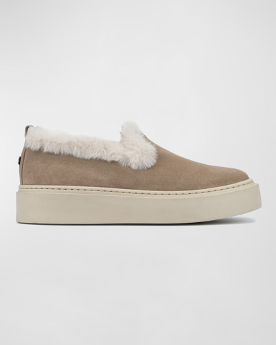 Shop Aquatalia Letty Suede Faux Fur Slip-on Sneakers In Dark Taupe